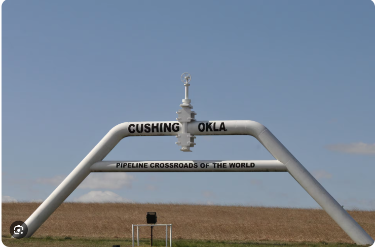 White pipeline arch reading Cushing, Oklahoma, Pipeline Crossroads of the World